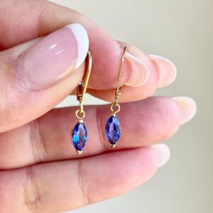Blue Zircon Earrings, September Birthstone, Blue Marquise Tiny Drops in Gold, Very Minimalist Diamond Shape Earrings, Blue Gift for her