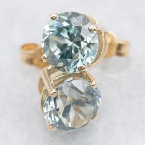Blue Zircon Stud Earrings, 14K Yellow Gold, December Birthstone