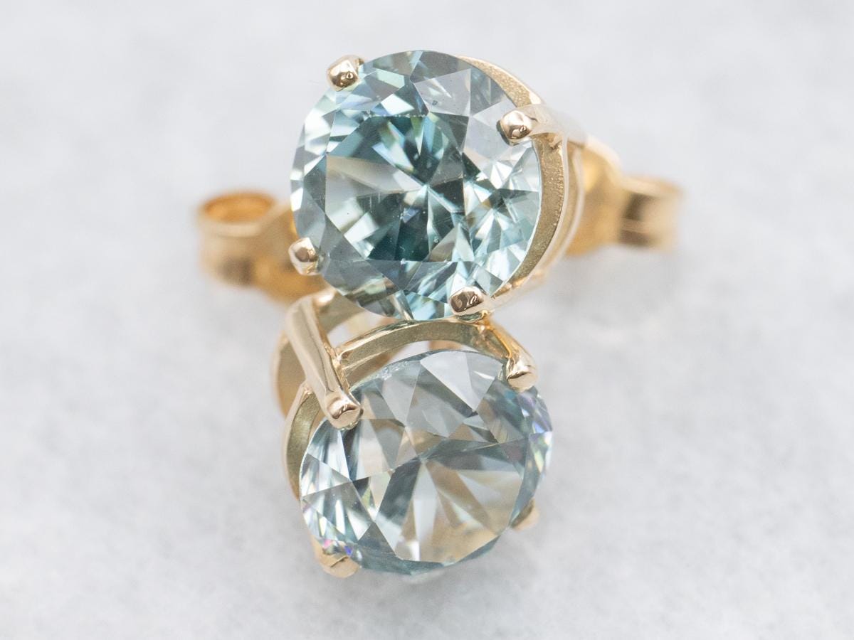 Blue Zircon Stud Earrings, 14k Yellow Gold, December Birthstone