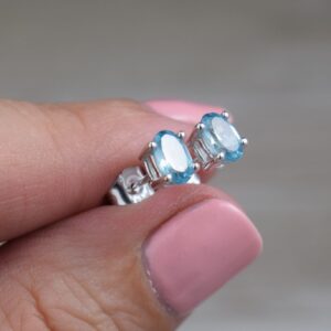 Blue Zircon Stud Earrings (sterling Silver) - Natural Faceted Gemstone Studs - 6 X 4 Mm Oval