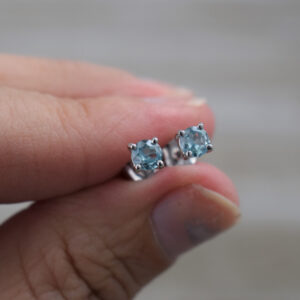 Blue Zircon Stud Earrings (sterling Silver) - Natural Faceted Gemstone Studs - 4 Mm