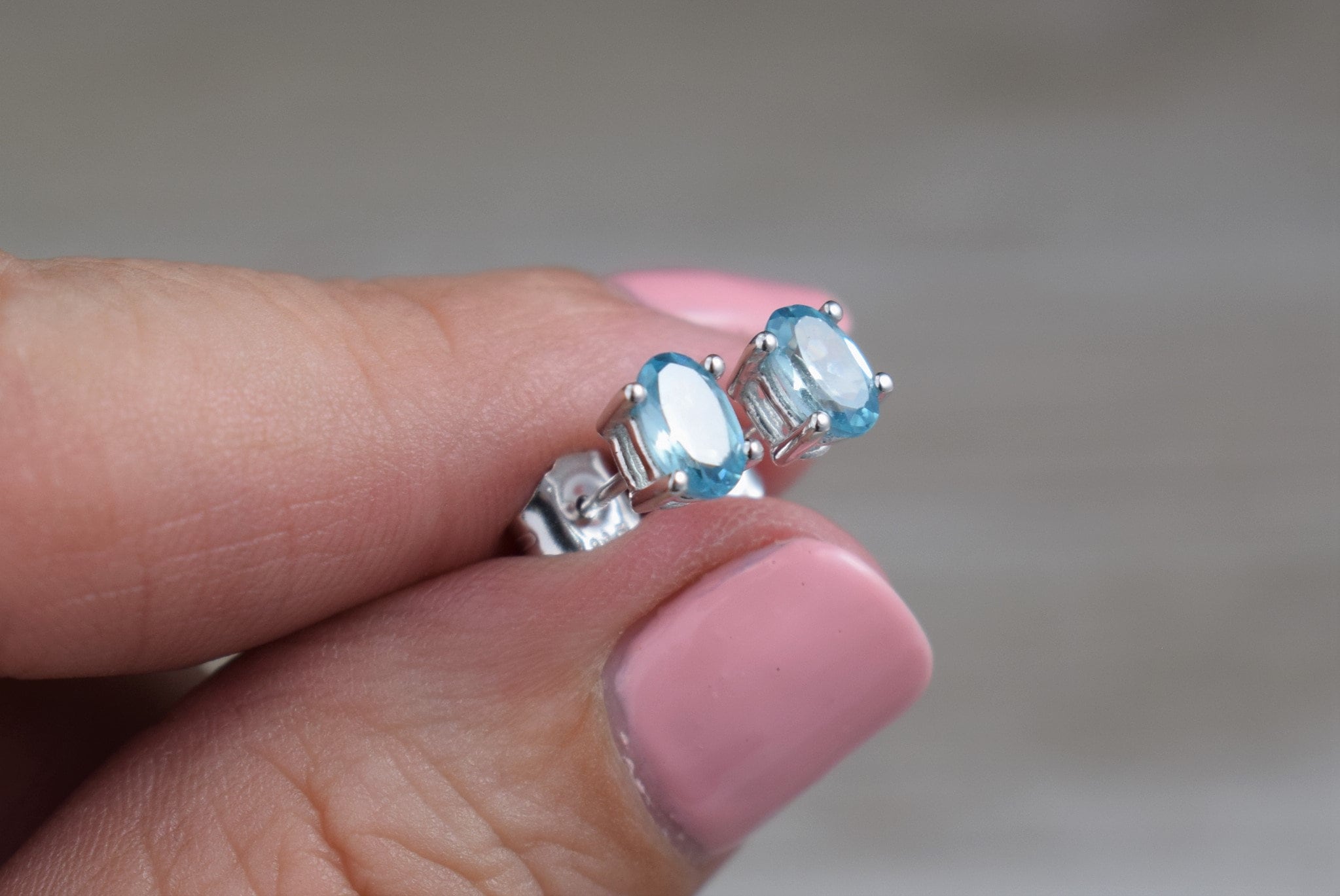 Blue Zircon Stud Earrings (sterling Silver) - Natural Faceted Gemstone Studs - 6 X 4 Mm Oval
