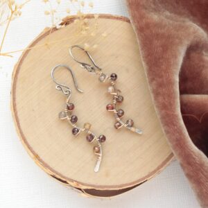 Brown Zircon Vine Earrings, Mixed Metal Jewelry, Asymmetrical Artistic Earrings, Bestselling Design
