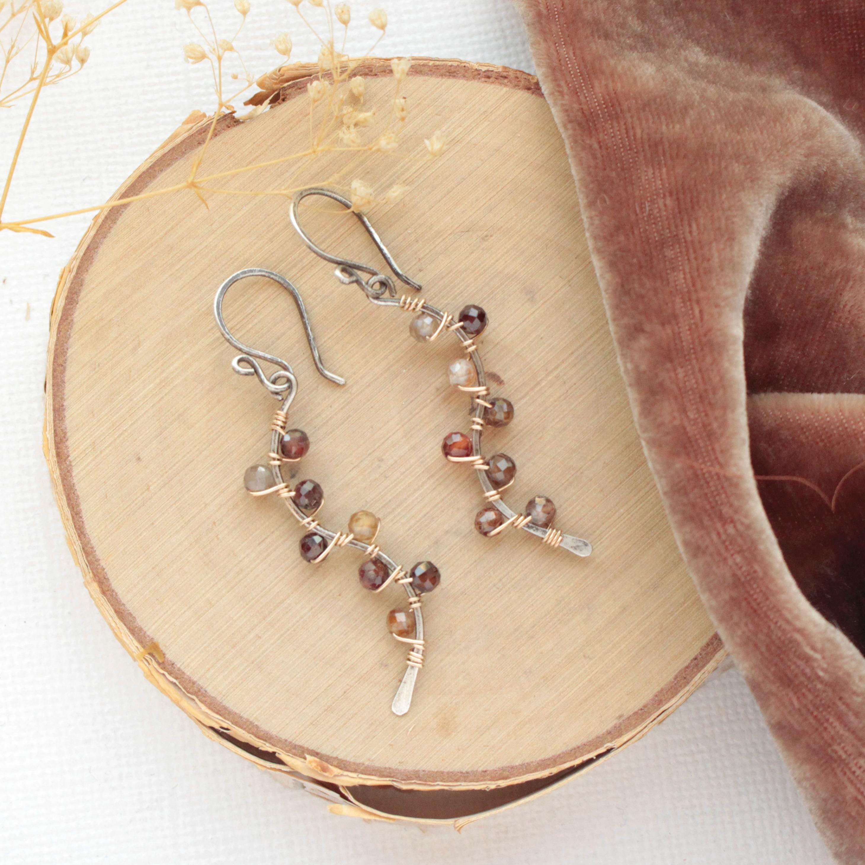 Brown Zircon Vine Earrings, Mixed Metal Jewelry, Asymmetrical Artistic Earrings, Bestselling Design