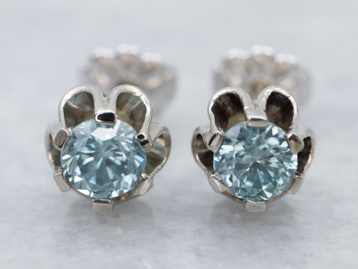 Buttercup Blue Zircon Stud Earrings, 14k White Gold, Bridal Jewelry