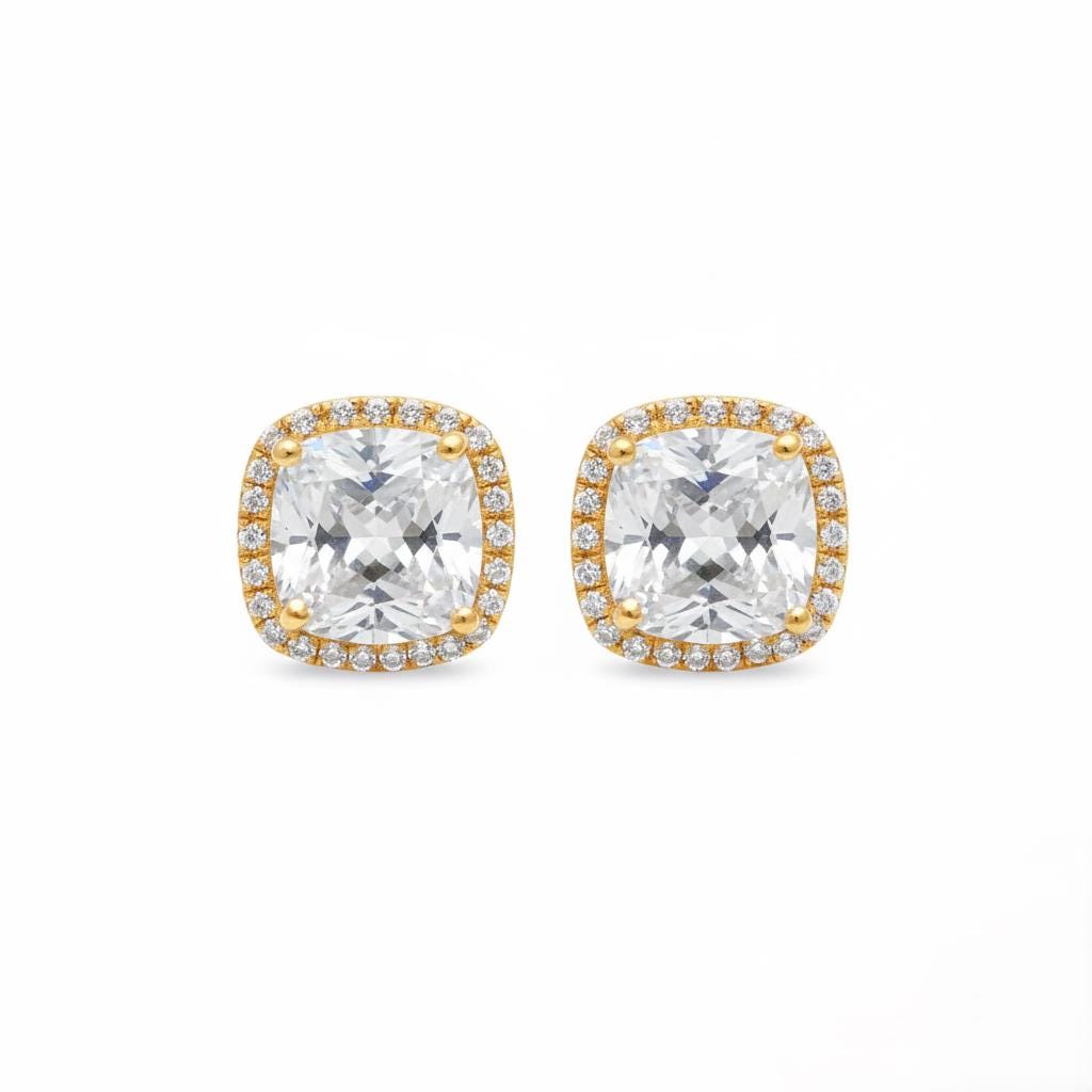 Cushion Halo Stud Earrings – 925 Sterling Silver, Zircon, Art Deco Style