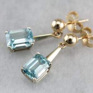 Emerald Cut Blue Zircon Drop Earrings, 14K Gold Bridal Jewelry