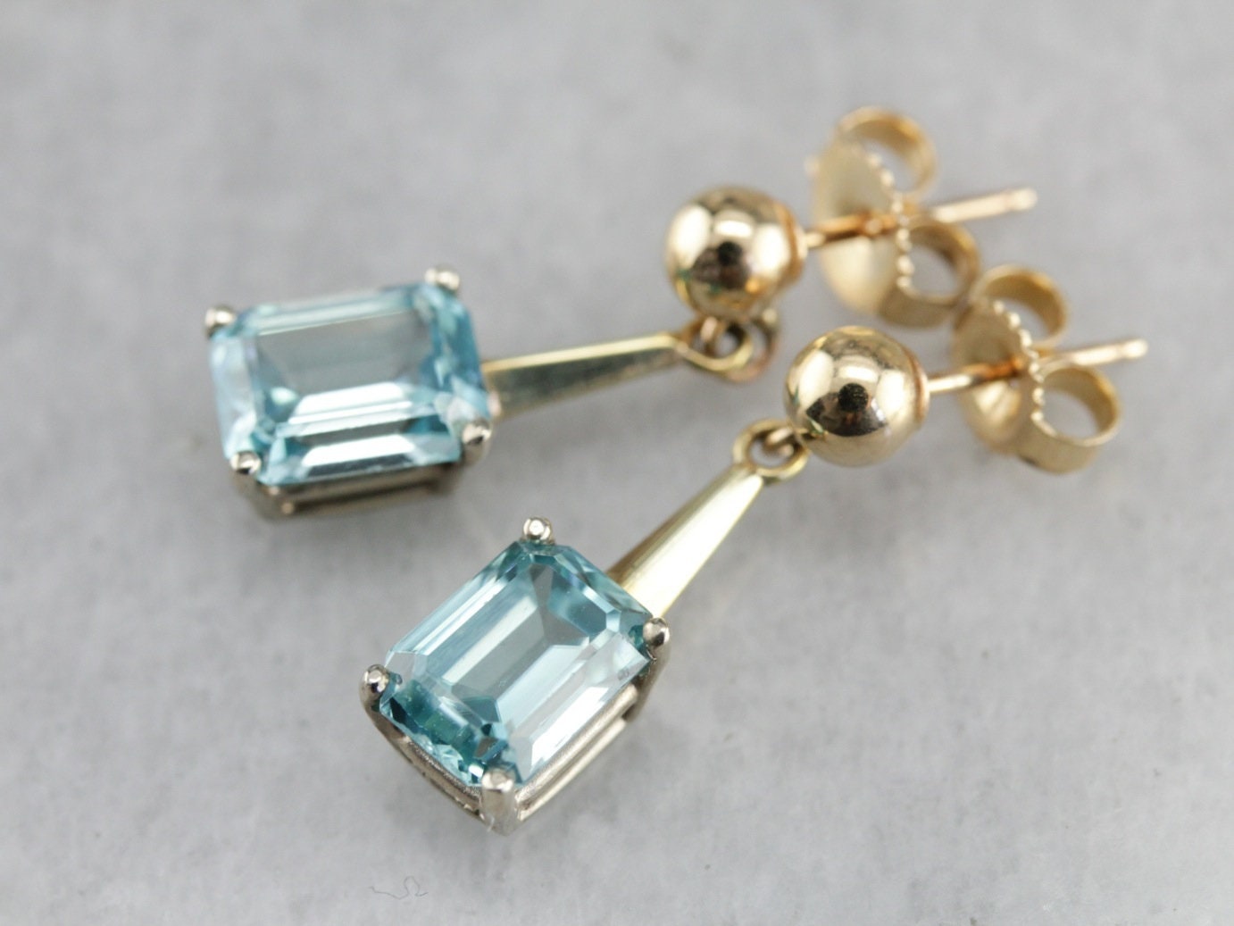 Emerald Cut Blue Zircon Drop Earrings, 14k Gold Bridal Jewelry