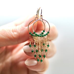 Emerald Green Zircon Fringe Earrings: 14KT Gold Filled Hoops