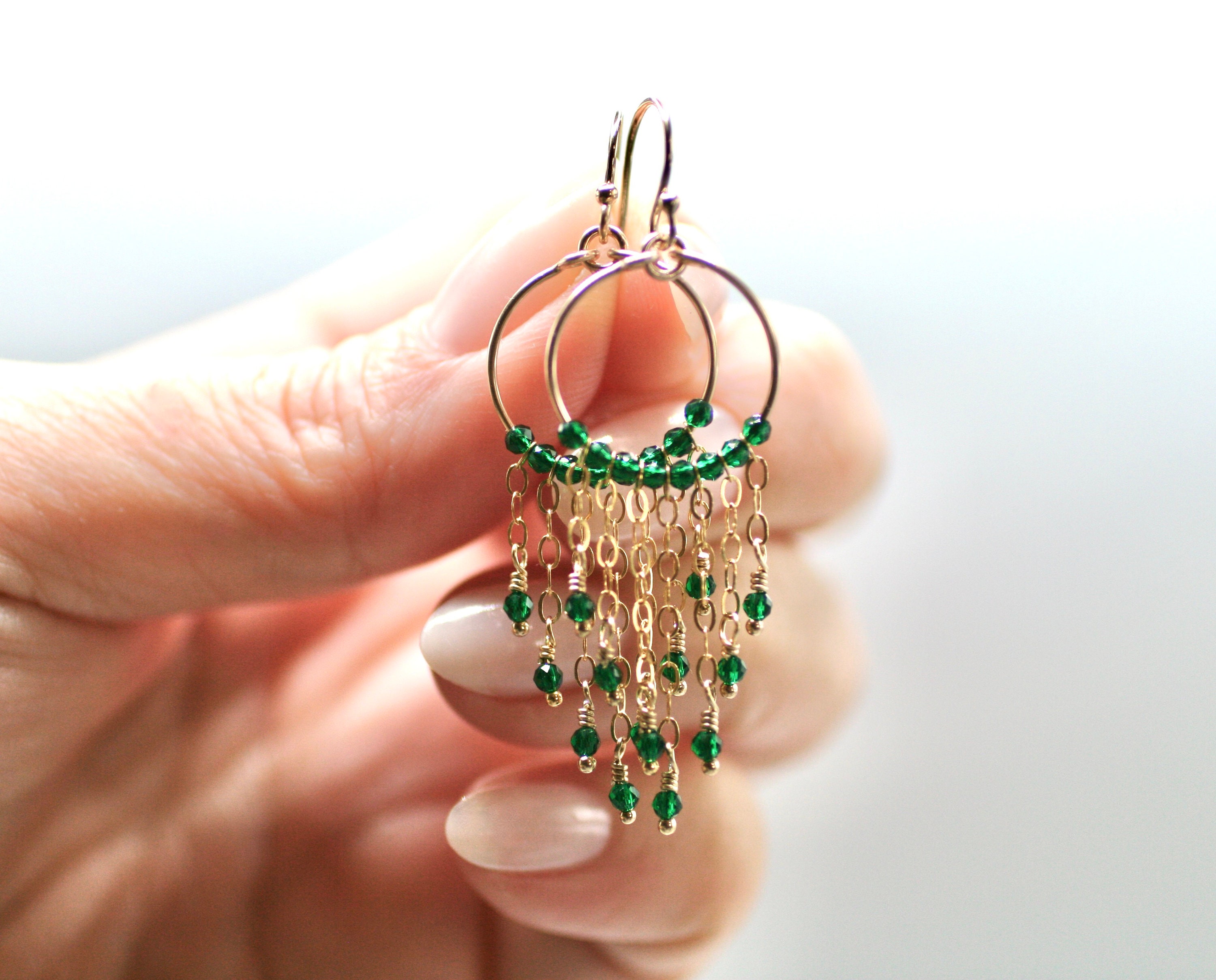 Emerald Green Zircon Fringe Earrings: 14kt Gold Filled Hoops