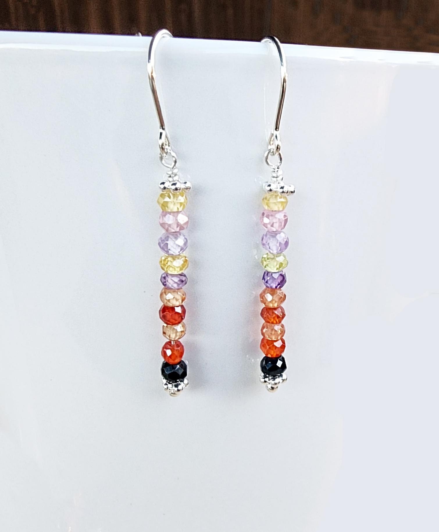 Zircon Gemstone Earrings Sterling Silver, Stick Earrings, Tiny Rondelle Earrings, 2 Inch Earrings, Colorful Skinny Earrings, Zircon Jewelry