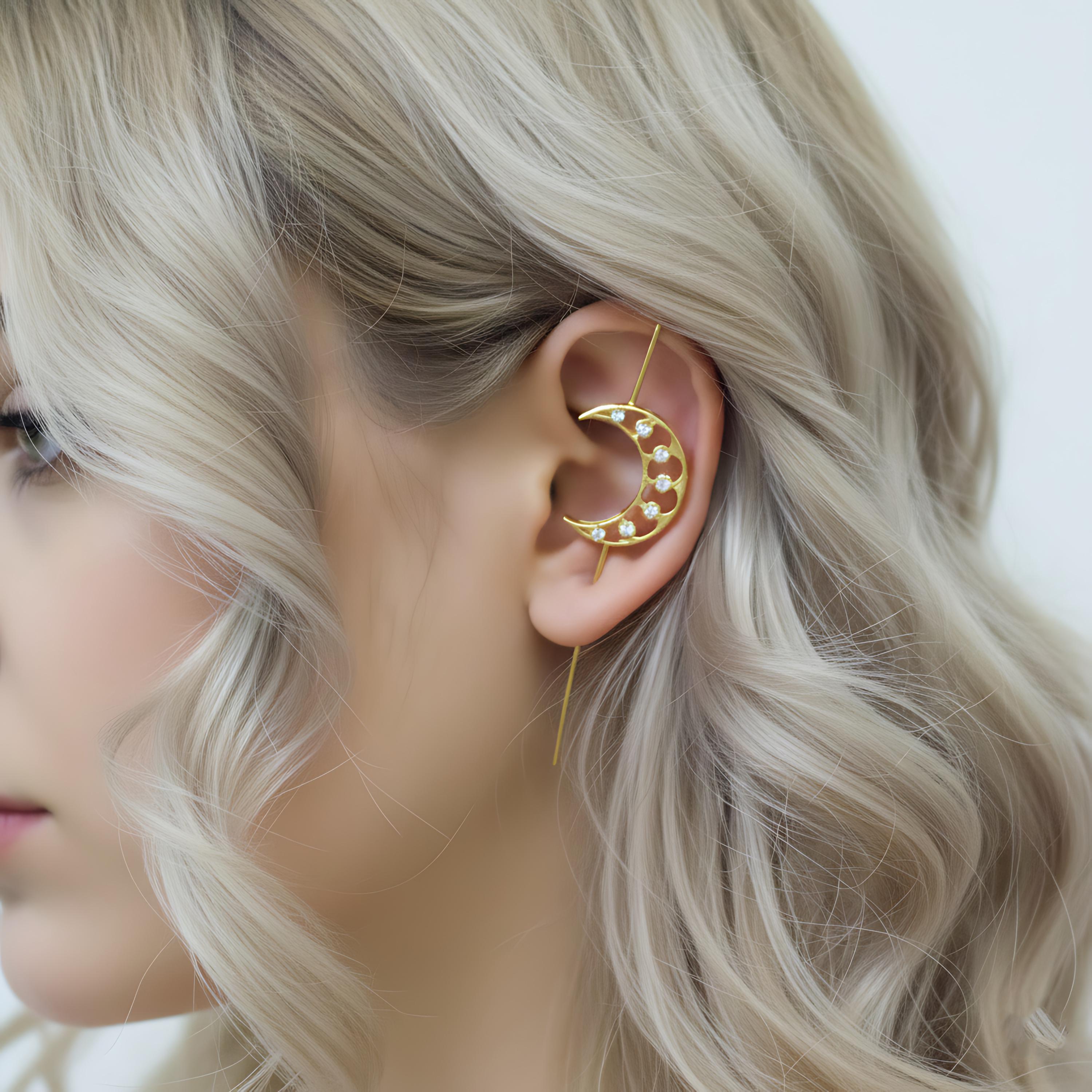 Halfmoon Zircon Ear Cuff Crescent Climber Earrings Cz Crawler Celestial Jewelry Gift For Her