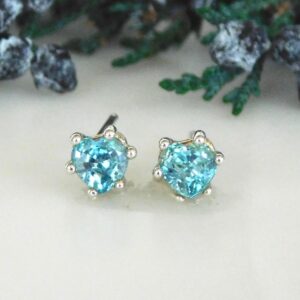 Natural Blue Zircon 5mm Heart Stud Earrings: Second Hole Studs, Sterling Silver, December Birthstone