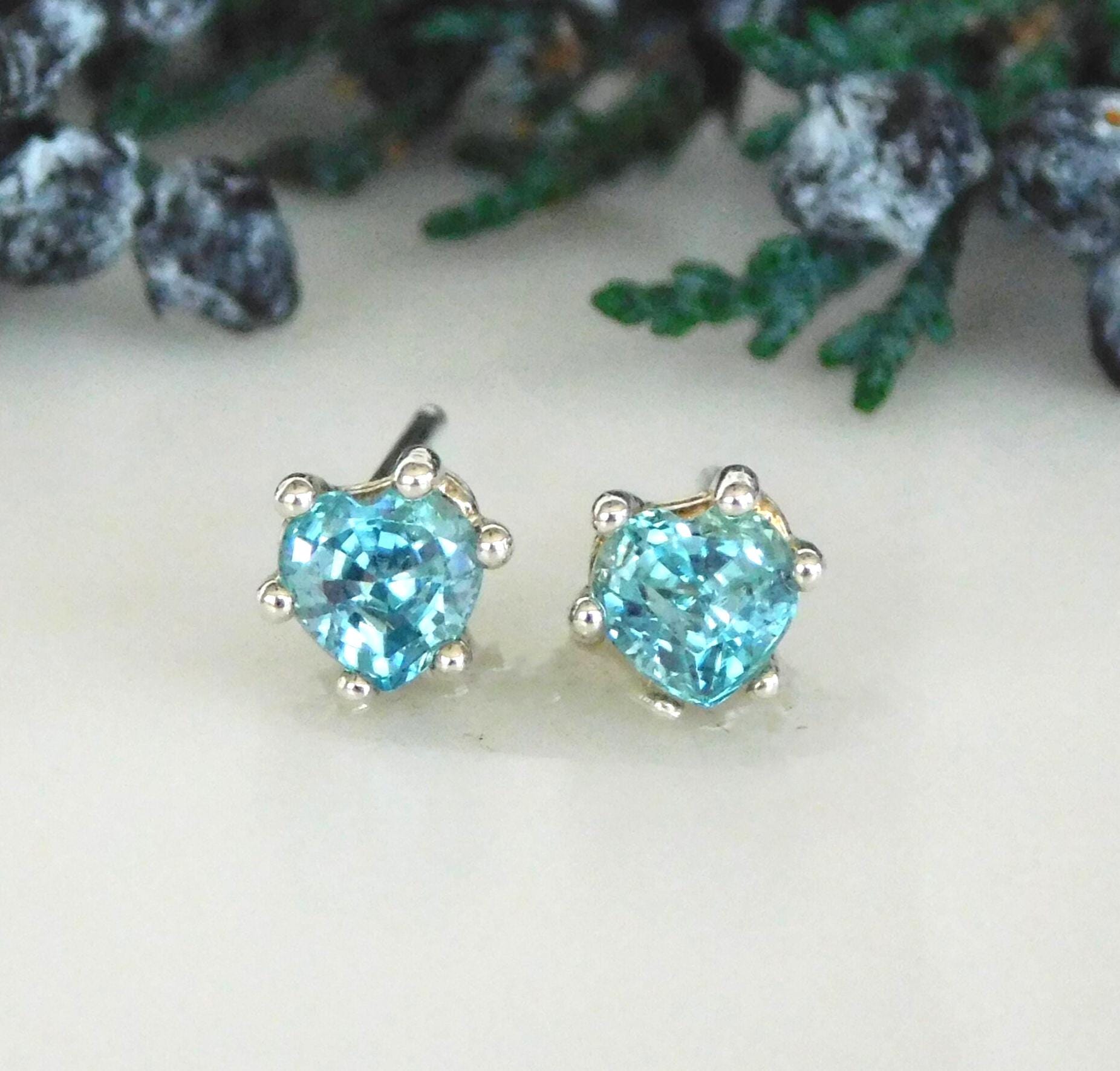 Natural Blue Zircon 5mm Heart Stud Earrings: Second Hole Studs, Sterling Silver, December Birthstone