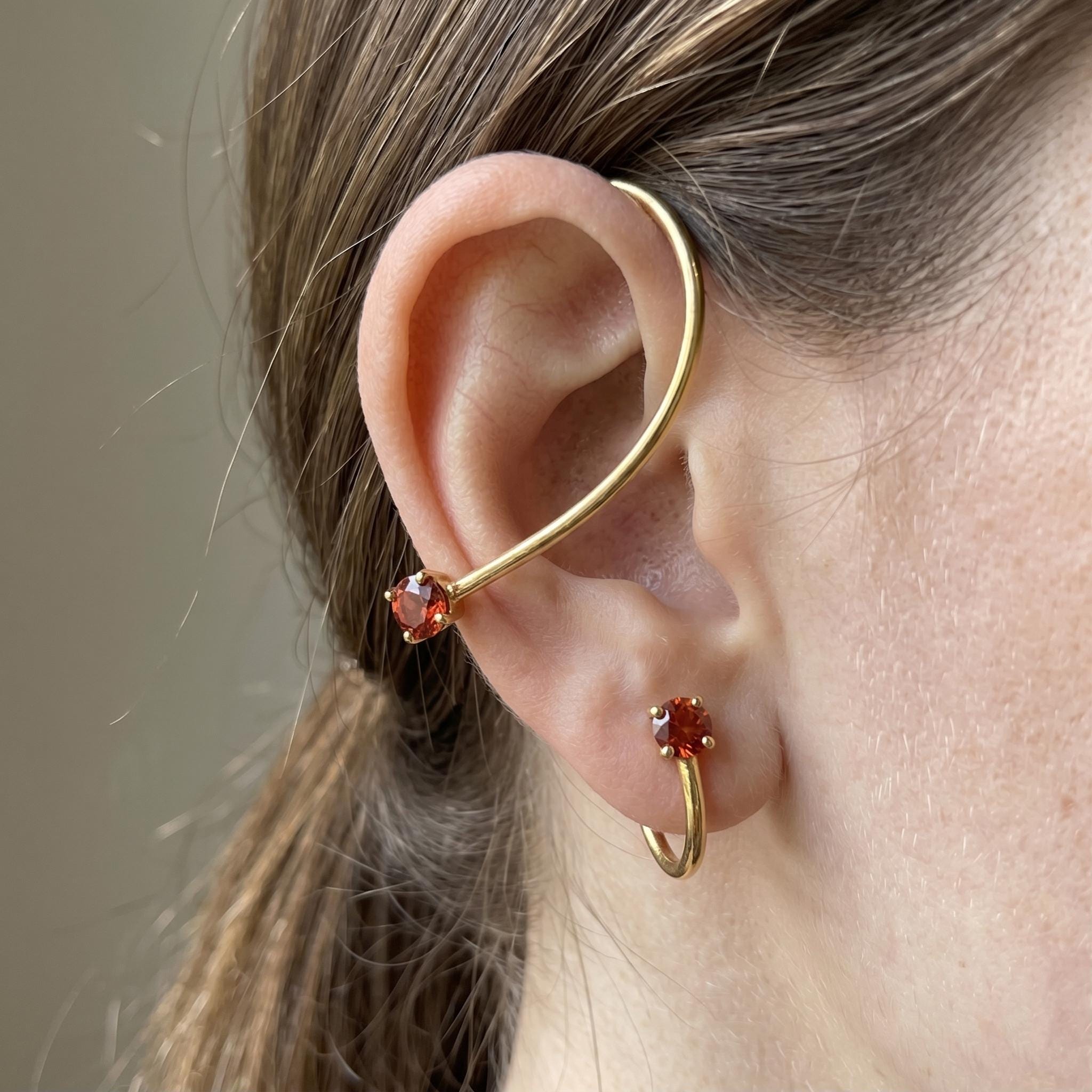Orange Zircon Ear Cuff \ Non-pierced Gold Ear Piece \ Minimalist Sculptural Wrap \ Statement Earrings