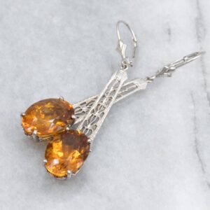 Orange Zircon White Gold Filigree Bar-Pin Conversion Drop Earrings