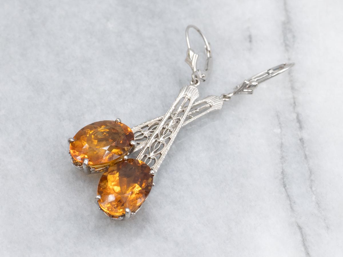 Orange Zircon White Gold Filigree Bar-pin Conversion Drop Earrings