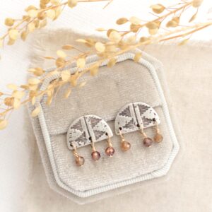 Pakal Arch Mixed Metal Brown Zircon Post Earrings, Dangle Stud Earrings, Chunky Stud Earrings