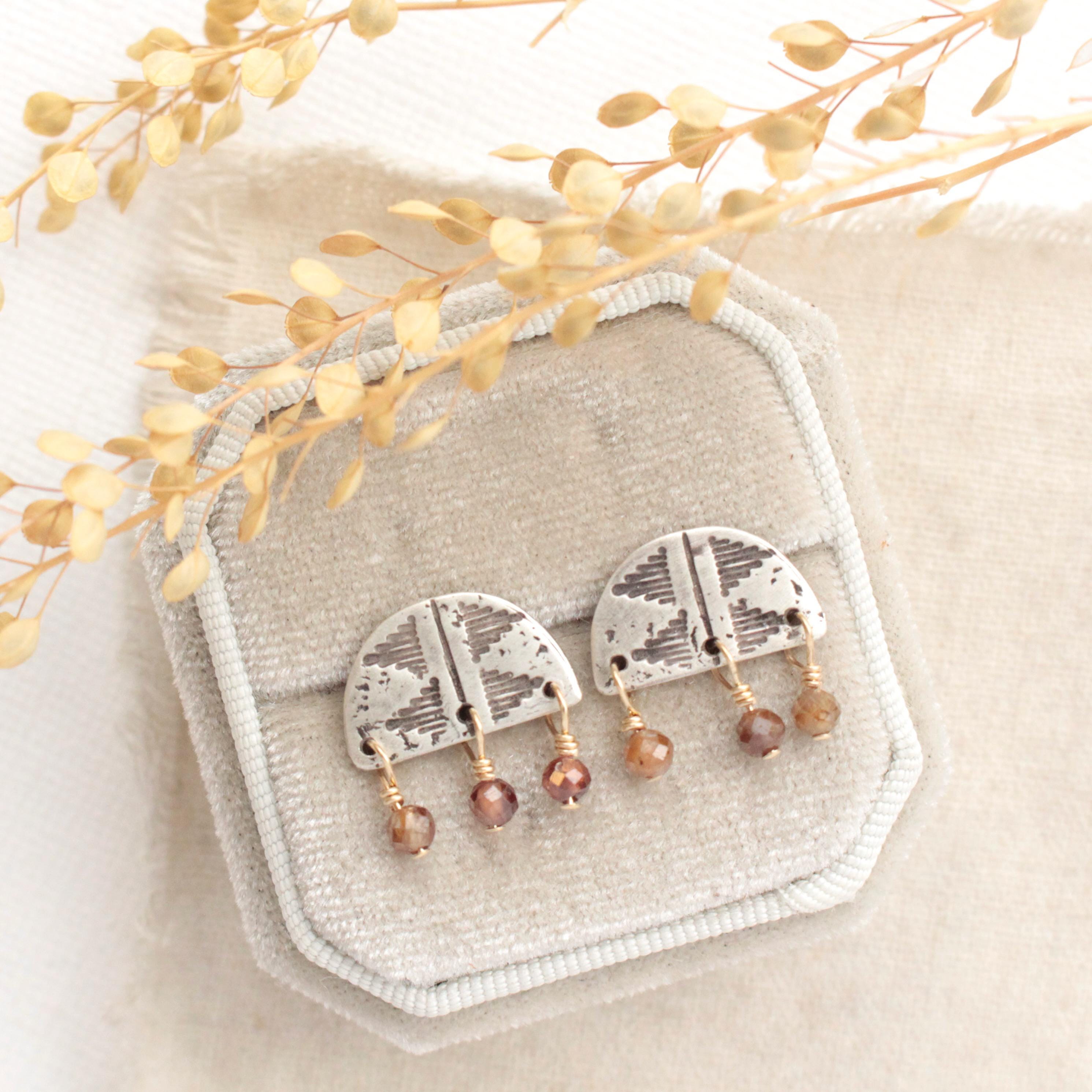 Pakal Arch Mixed Metal Brown Zircon Post Earrings, Dangle Stud Earrings, Chunky Stud Earrings