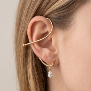 Pear Cut Zircon Ear Wrap Gold Dangle Earring Floating Teardrop Cuff Bridal Statement Hook
