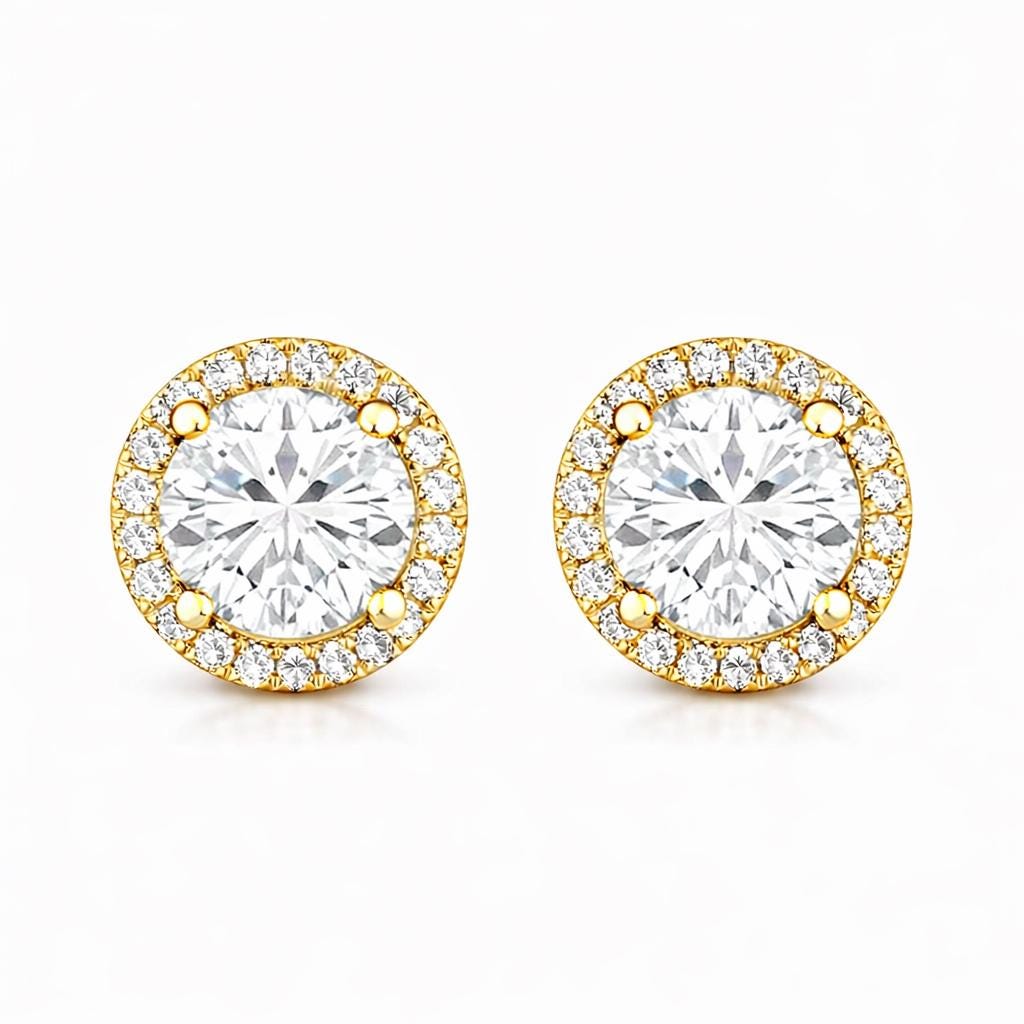 Round Zircon Halo Stud Earrings: 925 Sterling Silver, Anniversary Gift, Women Jewelry