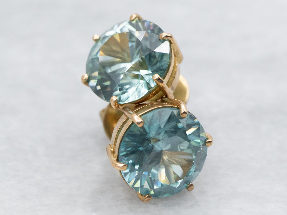 Teal Blue Zircon 18k Gold Stud Earrings, 14.43 Carats