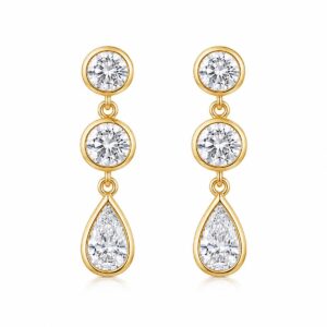 Three-Stone Zircon Drop Studs - Round & Pear Cut Bezel Set - 925 Sterling Silver - Bridal Jewelry