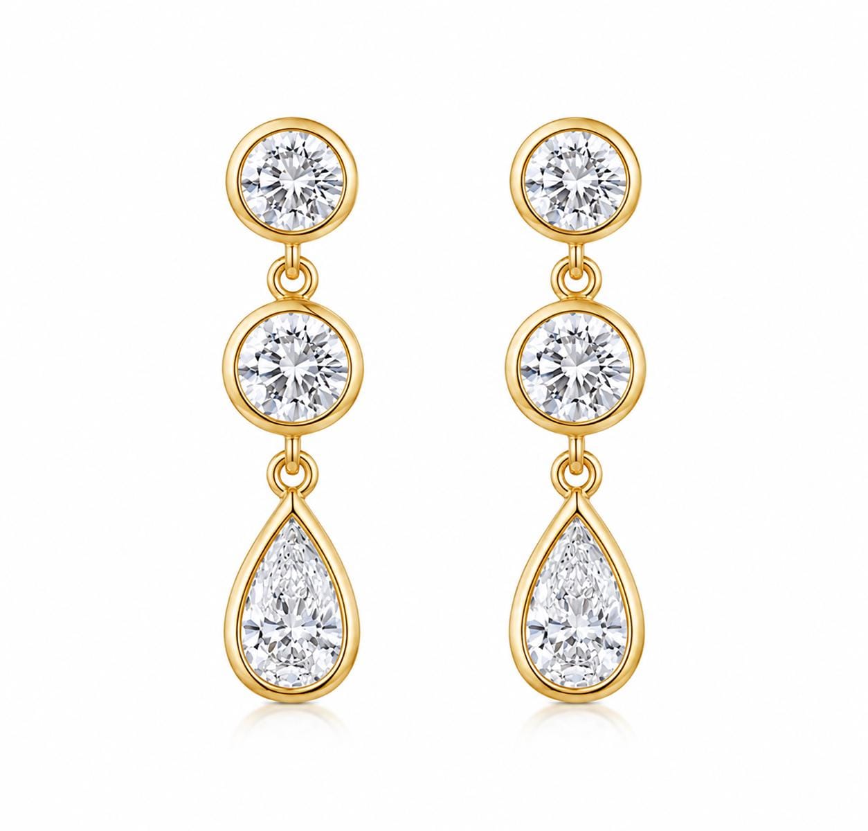 Three-stone Zircon Drop Studs - Round & Pear Cut Bezel Set - 925 Sterling Silver - Bridal Jewelry Three-stone Zircon Drop Studs - Round & Pear Cut Bezel Set - 925 Sterling Silver - Bridal Jewelry