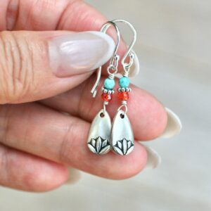 Turquoise & Orange Zircon Lotus Flower Earrings: Sterling Silver