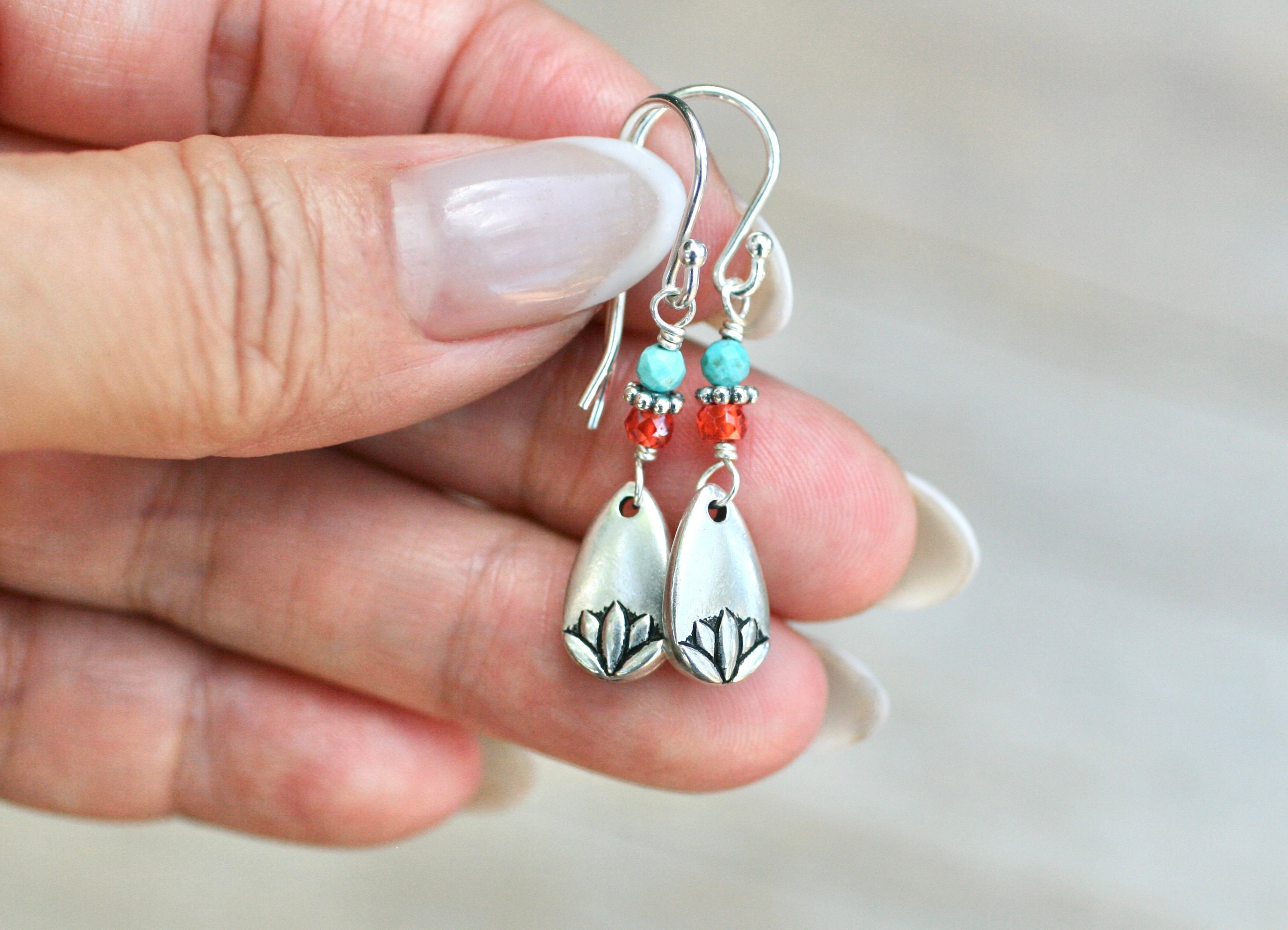 Turquoise & Orange Zircon Lotus Flower Earrings: Sterling Silver
