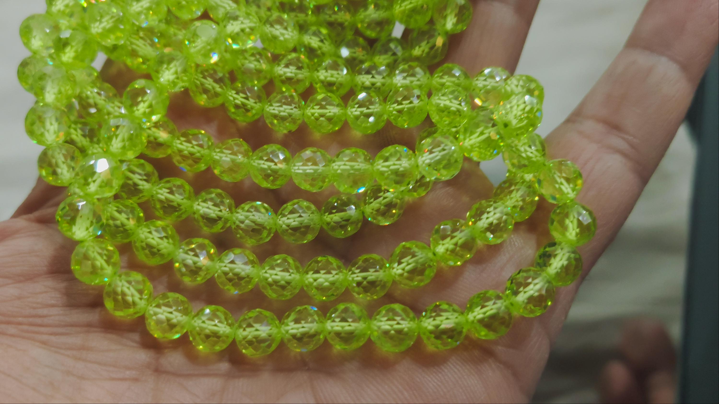6 Inches Strand,green Zircon Faceted Round Balls Beads ,size.6.5mm