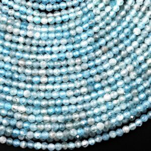 Rare Genuine Natural Blue Zircon Faceted 3mm 4mm Round Beads Gemstone 15.5" Strand
