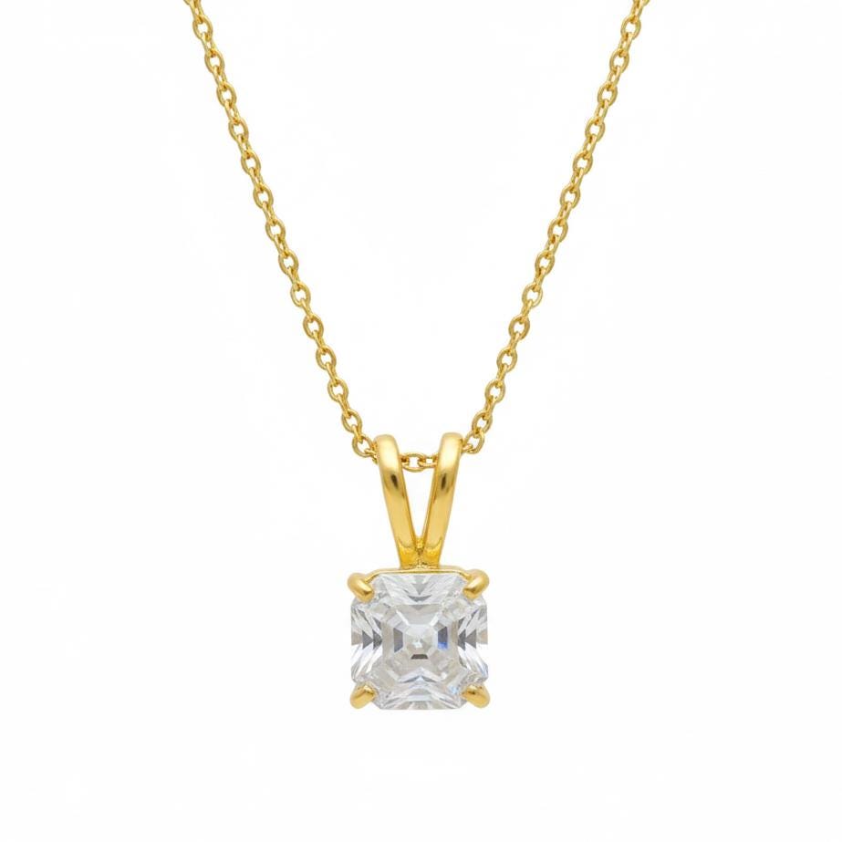 Asscher Cut Zircon Necklace: 925 Sterling Silver, Solitaire Necklace - Chain Included