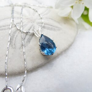 Blue Zircon Sterling Silver Necklace, Pear Cz December Birthstone