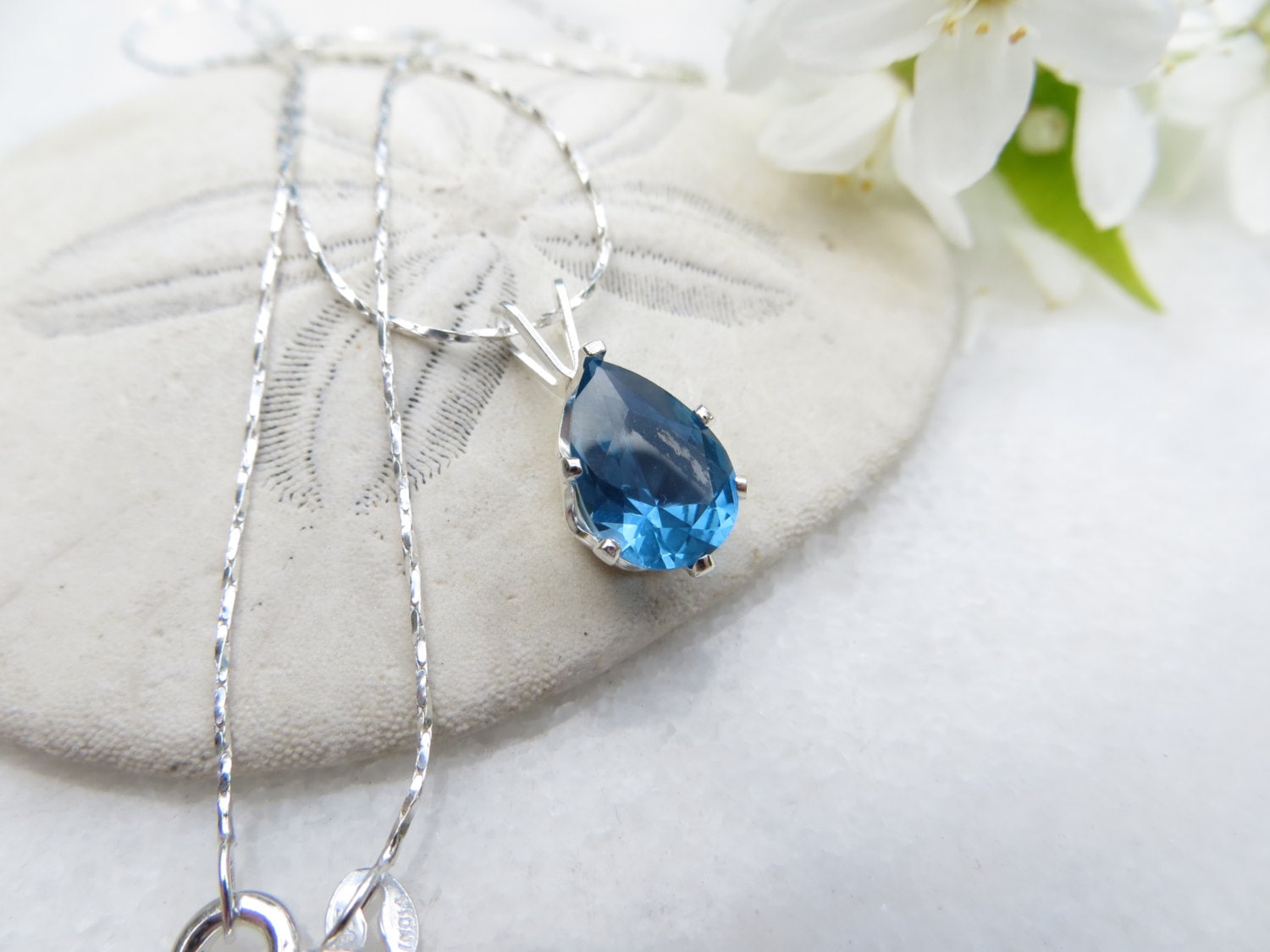 Blue Zircon Sterling Silver Necklace, Pear Cz December Birthstone