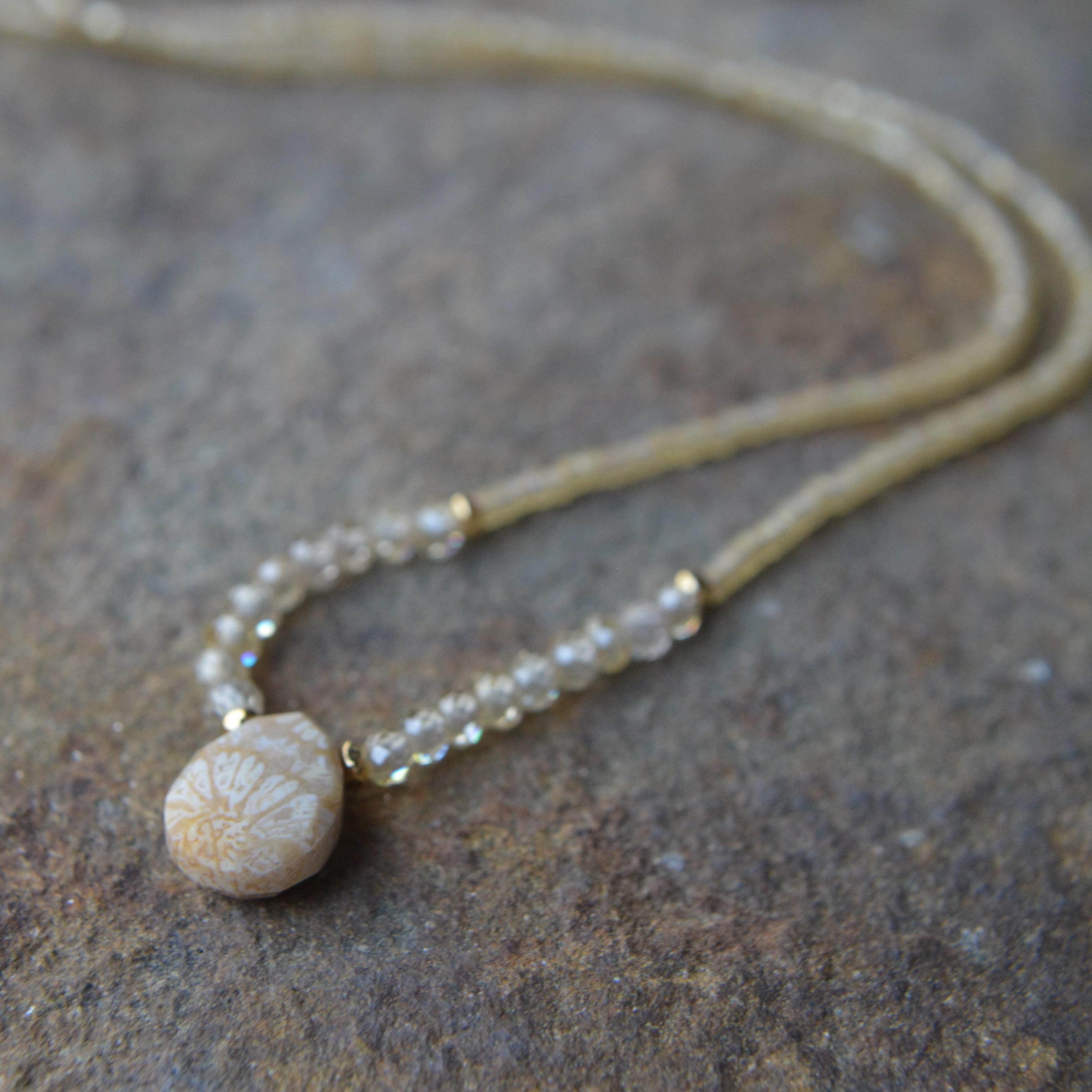 Fossil Coral And Golden Zircon Necklace 16 Or 18 Inches