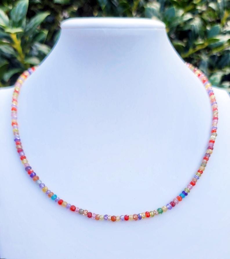 Zircon Gemstone Choker Necklace Sterling Silver, Colorful Everyday Simple Dainty Minimalist Rondelle Necklace, 16 Inch Or 19 Inch Necklace