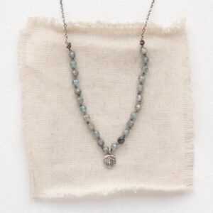 Knotted Silvery Blue Zircon Roma Necklace, Dainty Embossed Silver Charm