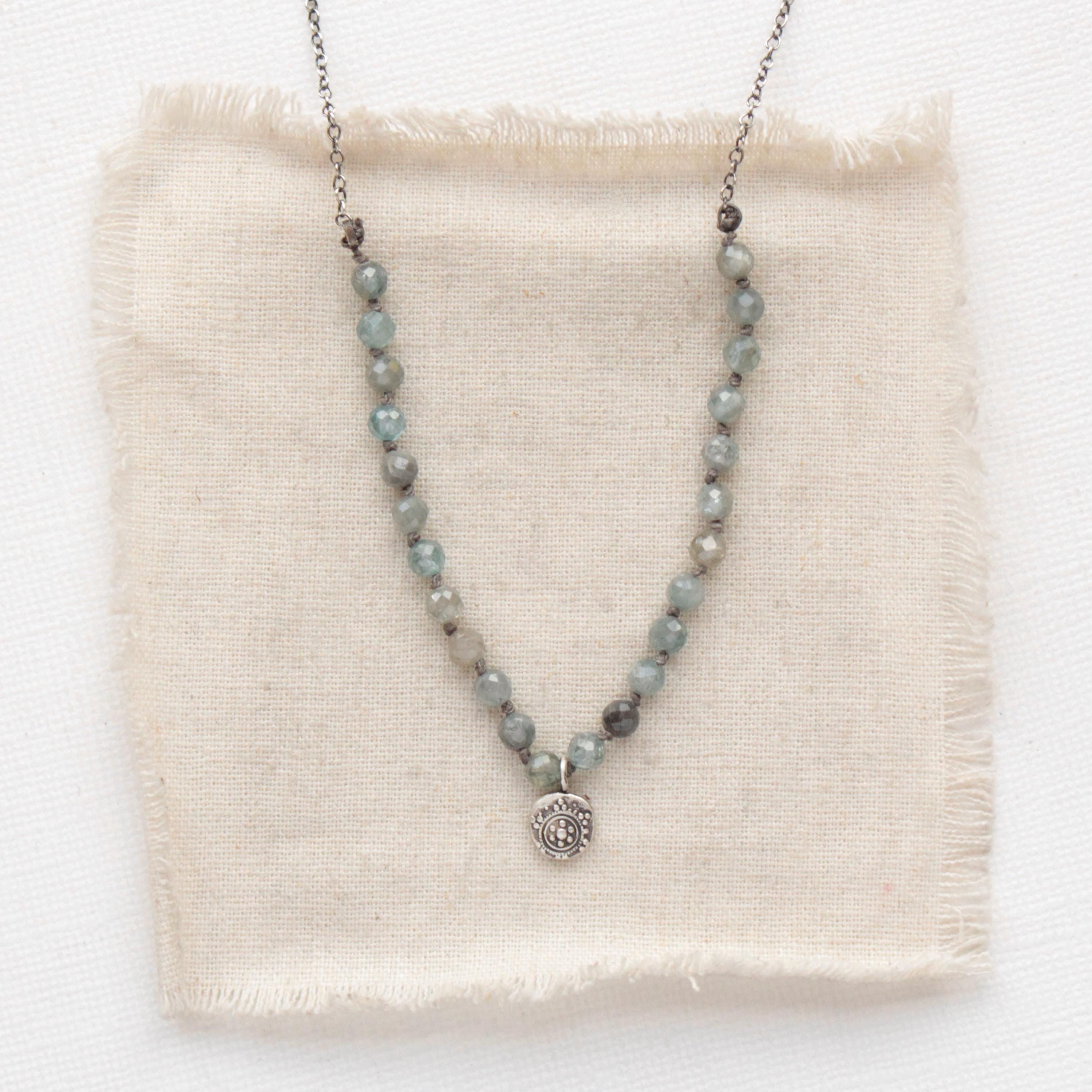 Knotted Silvery Blue Zircon Roma Necklace, Dainty Embossed Silver Charm