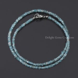 Natural Blue Zircon Beaded Necklace, Faceted Rondelle Gemstone, 18 Inch