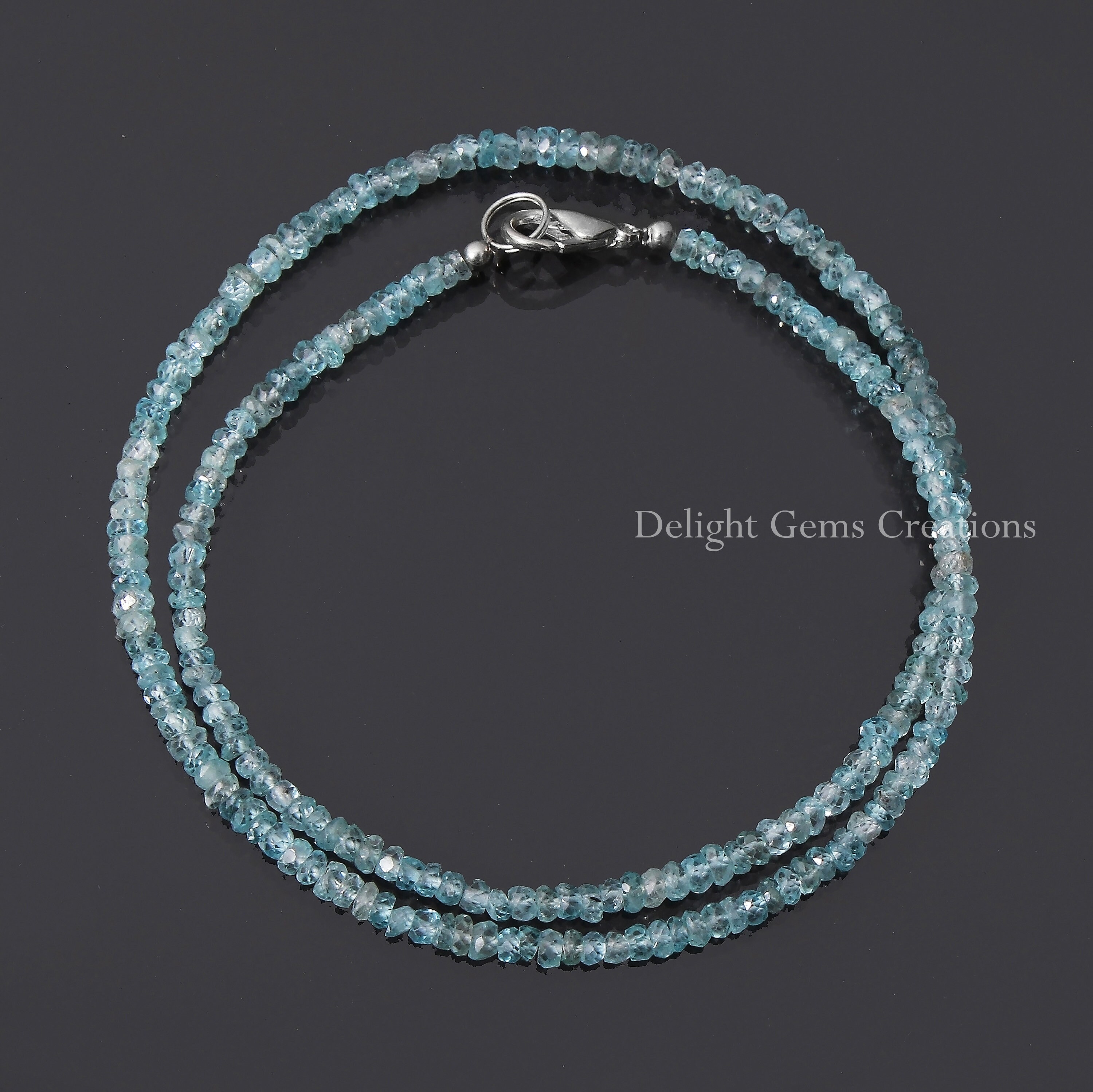 Natural Blue Zircon Beaded Necklace, Faceted Rondelle Gemstone, 18 Inch Natural Blue Zircon Beaded Necklace, Faceted Rondelle Gemstone, 18 Inch