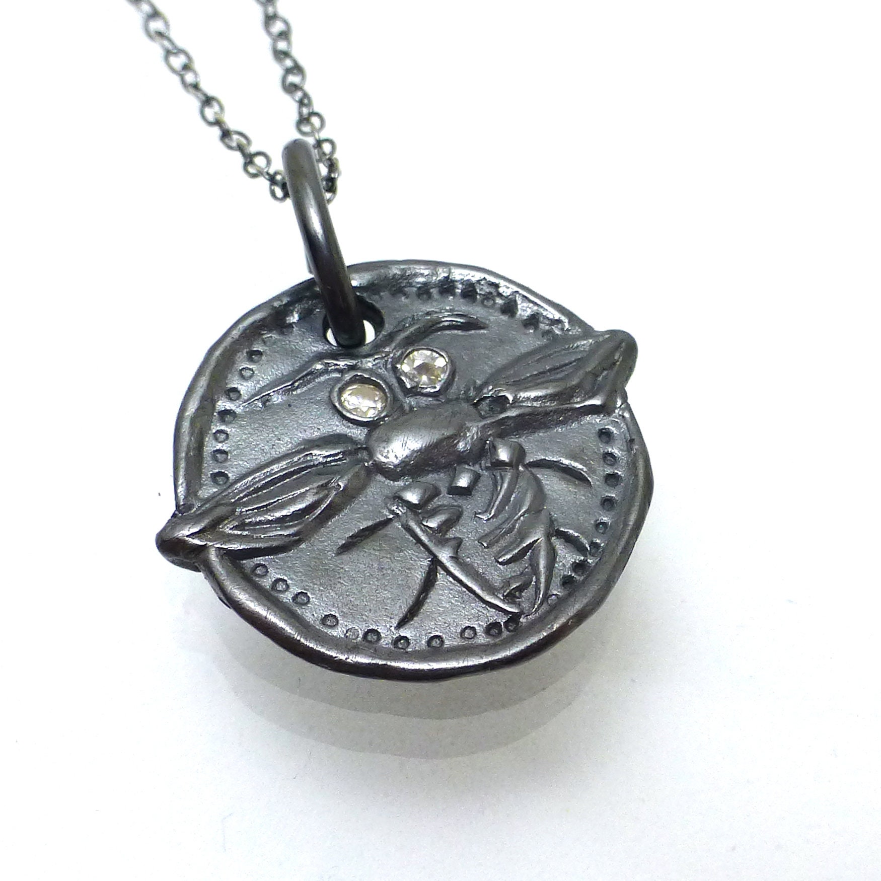 Oxidized Fine Silver Necklace Honey Bee Jewelry Handmade Lisajoy Sachs Design Chain 18 Inches Long Mothers Day Cambodian Zircon Eyes