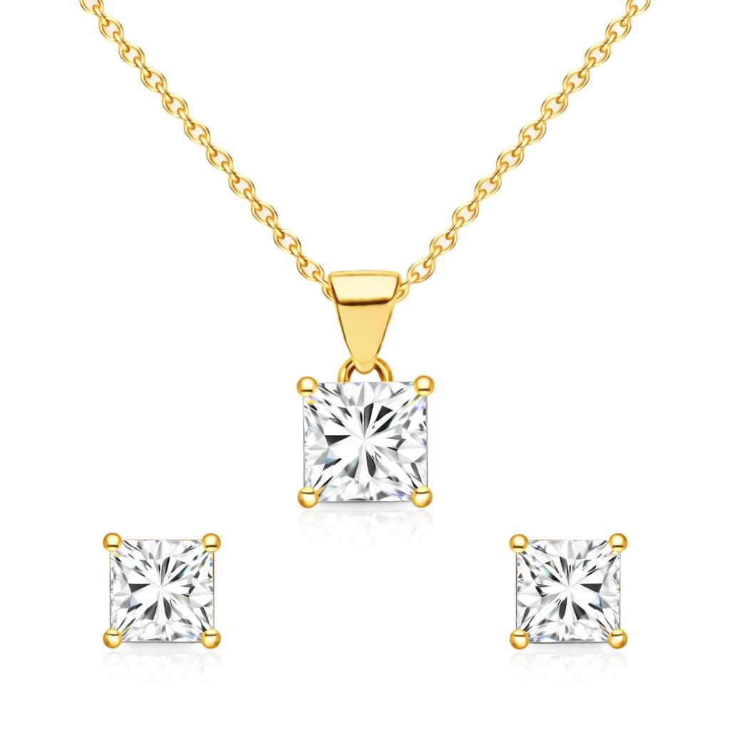 Princess Cut Zircon Jewelry Set, 925 Sterling Silver, Earring And Necklace Set, Wedding Gift