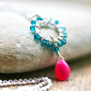 Sterling Silver Wire Wrapped Necklace: Hot Pink Chalcedony, Teal Zircon