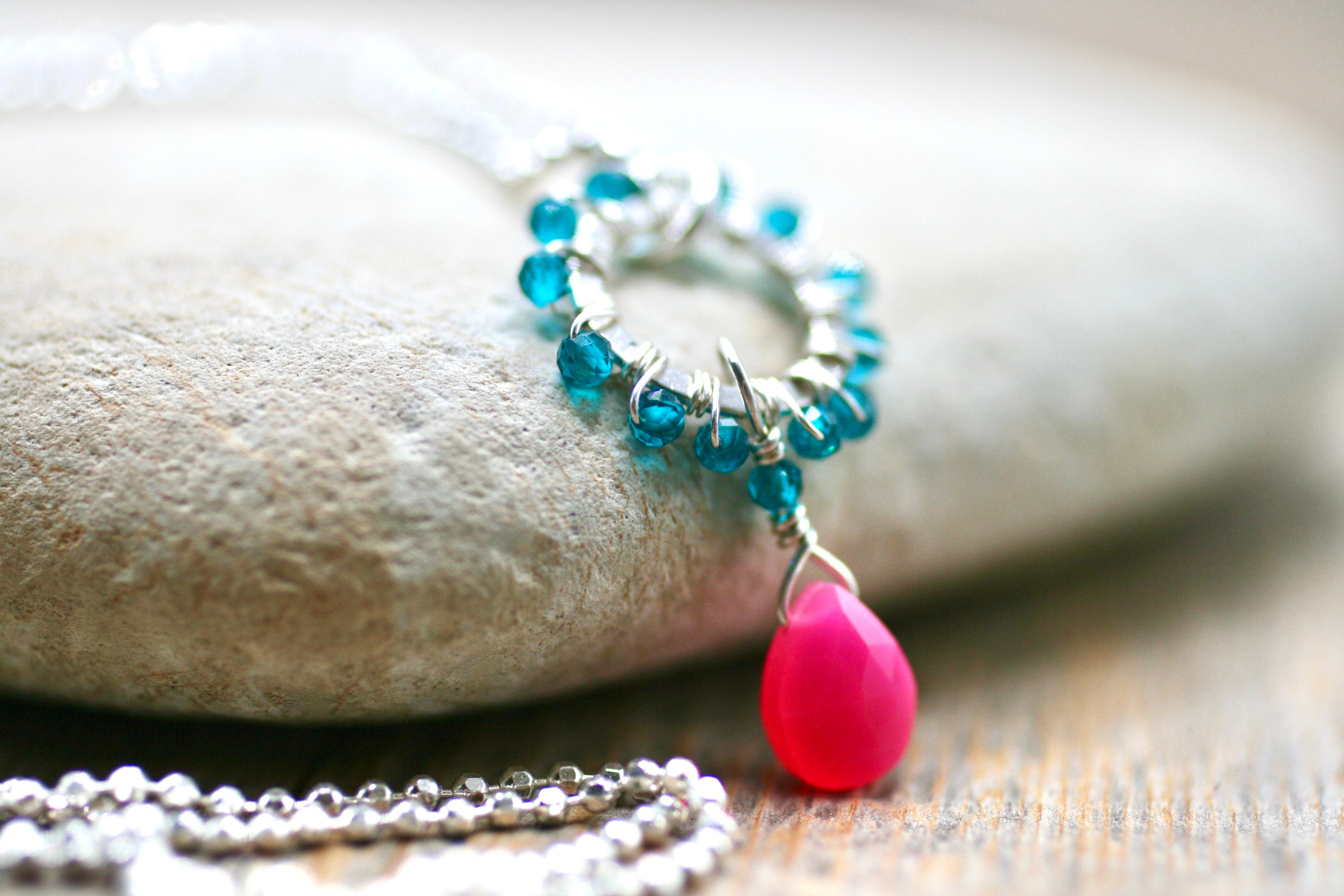 Sterling Silver Wire Wrapped Necklace: Hot Pink Chalcedony, Teal Zircon