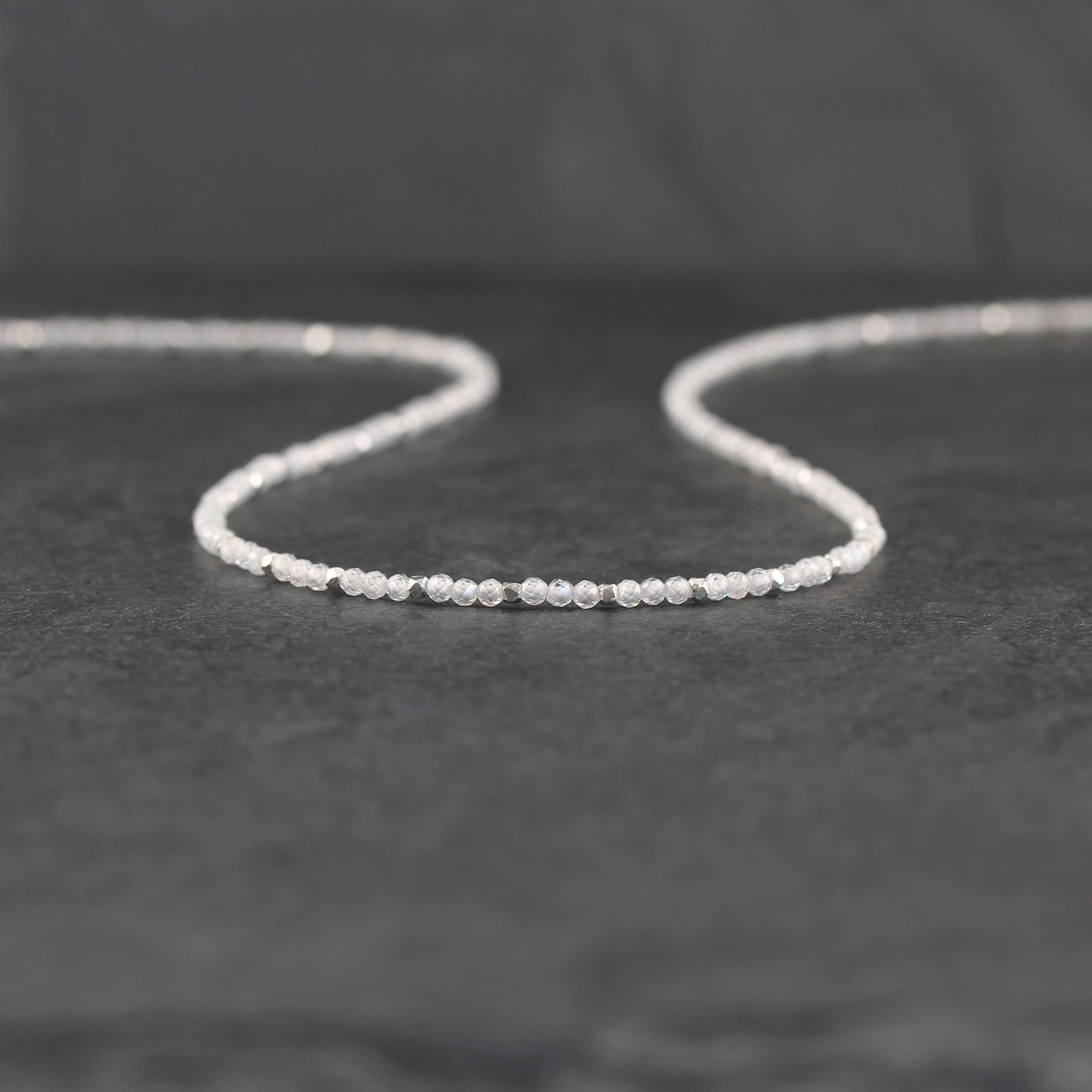 White Zircon Necklace In Sterling Silver, Gold Or Rose Gold Filled, Dainty Minimalist Choker Or Long Layering Necklace, 2mm Faceted Beads