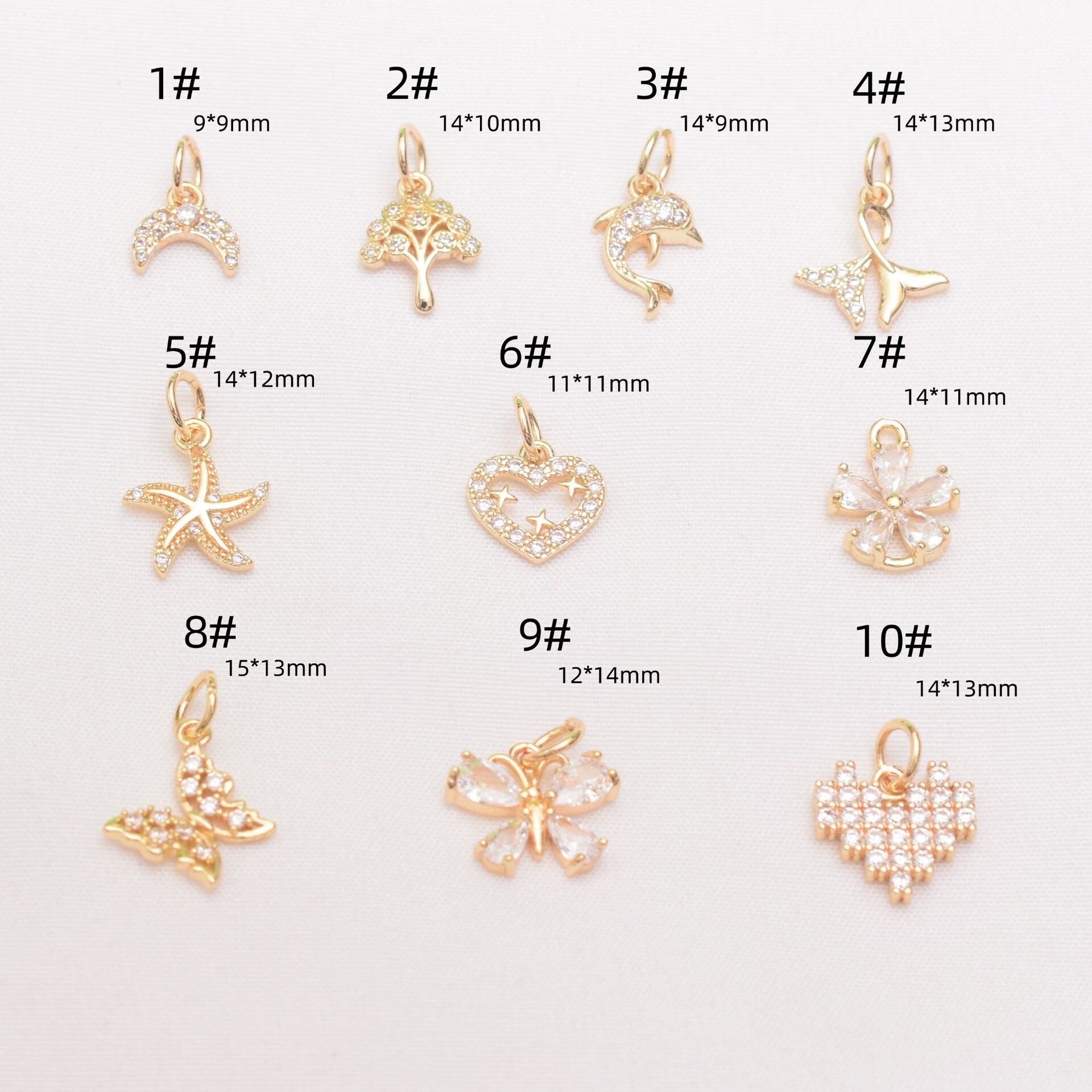 10 Pcs 14k Gold Plated Bracelet Diy Handmade Accessories,zircon Love Sea Butterfly Hang Drop Beads Pendants Charms