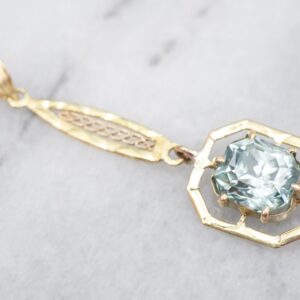 10K Yellow Gold Blue Zircon Lavalier Pendant, Octagonal Gemstone