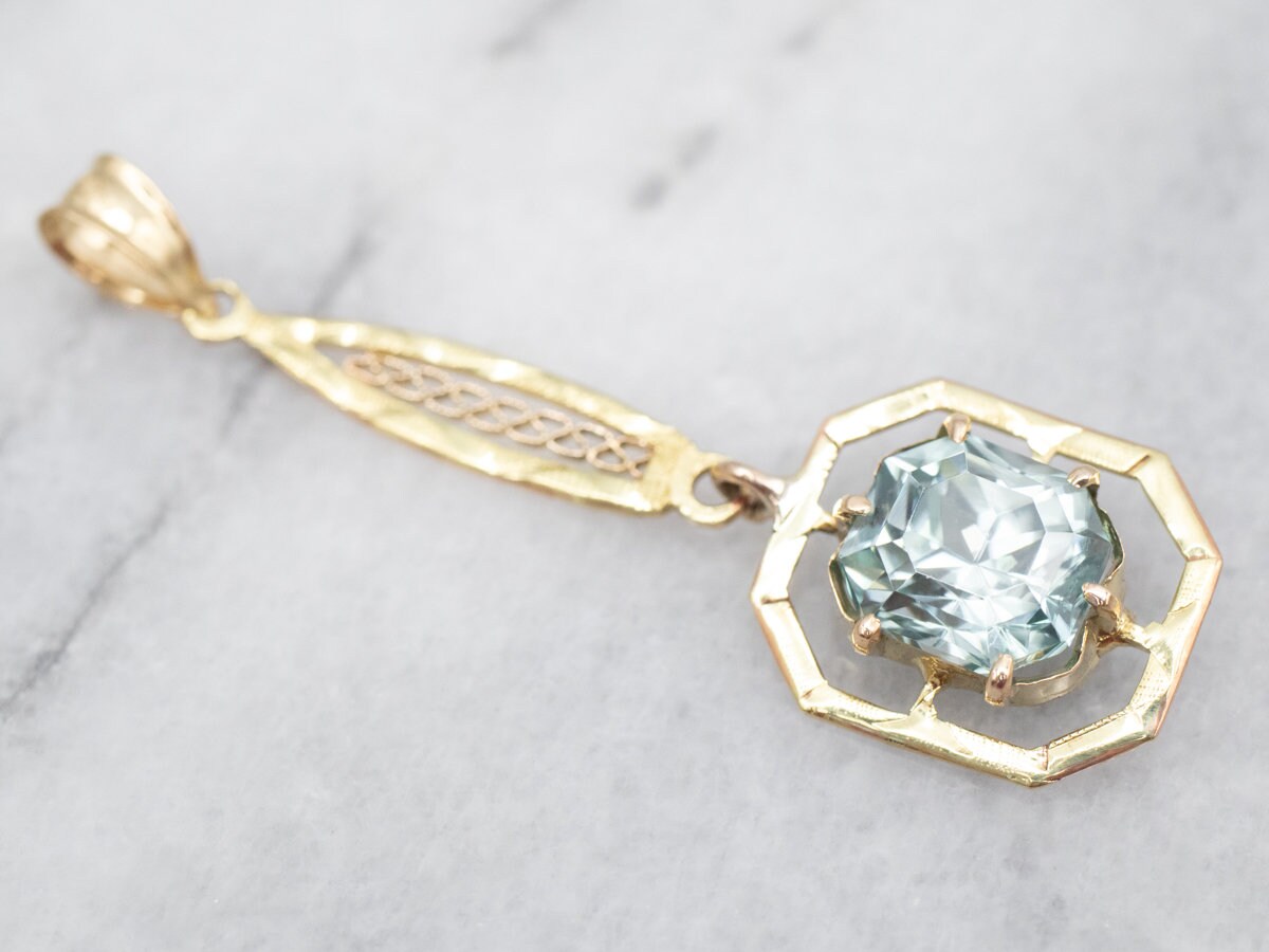 10k Yellow Gold Blue Zircon Lavalier Pendant, Octagonal Gemstone