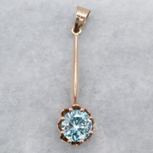 14K Gold Blue Zircon Solitaire Drop Pendant, Elongated Design